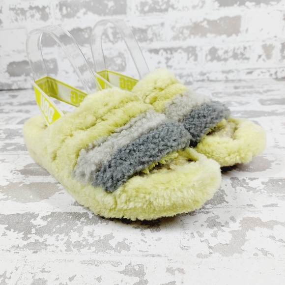 Ugg Fluff Yeah Striped Yellow Grey Wool Slingback Slippers V50 - Picture 4 of 12